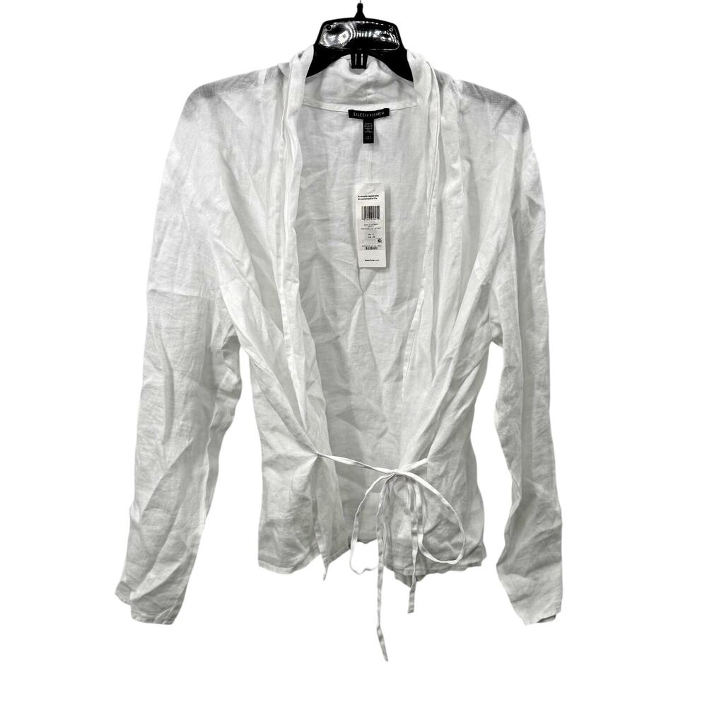 Eileen Fisher White High Collar Jacket Organic Handkerchief Linen Blouse Size L